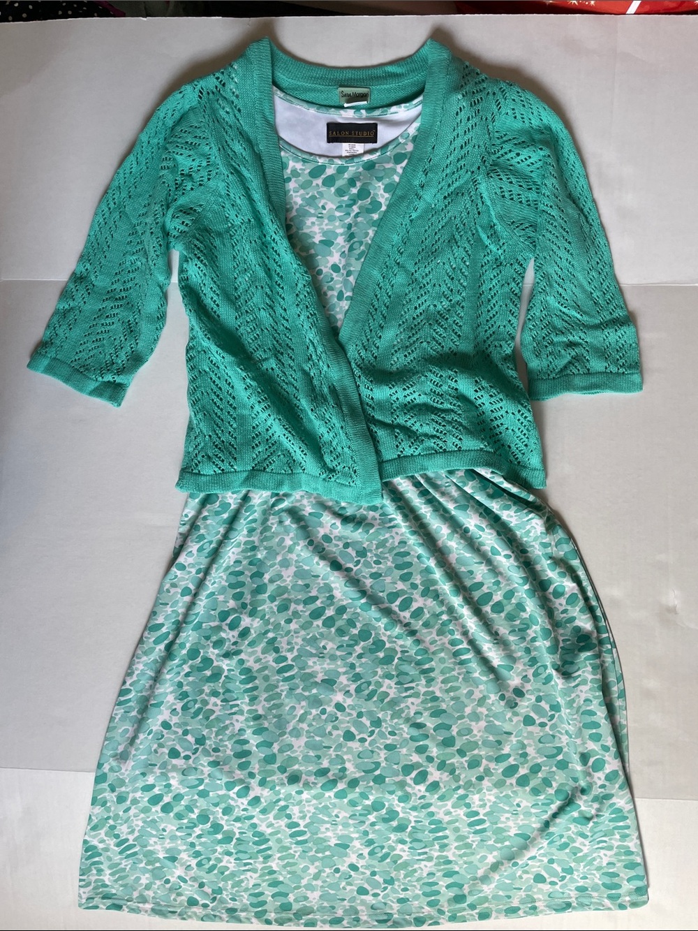 Womens Aqua Green Sleeveless Dress with Open Knit Cardigan Sz Medium EUC